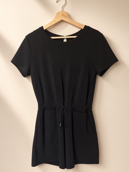 Pants - Black short-sleeve romper with drawstring waist